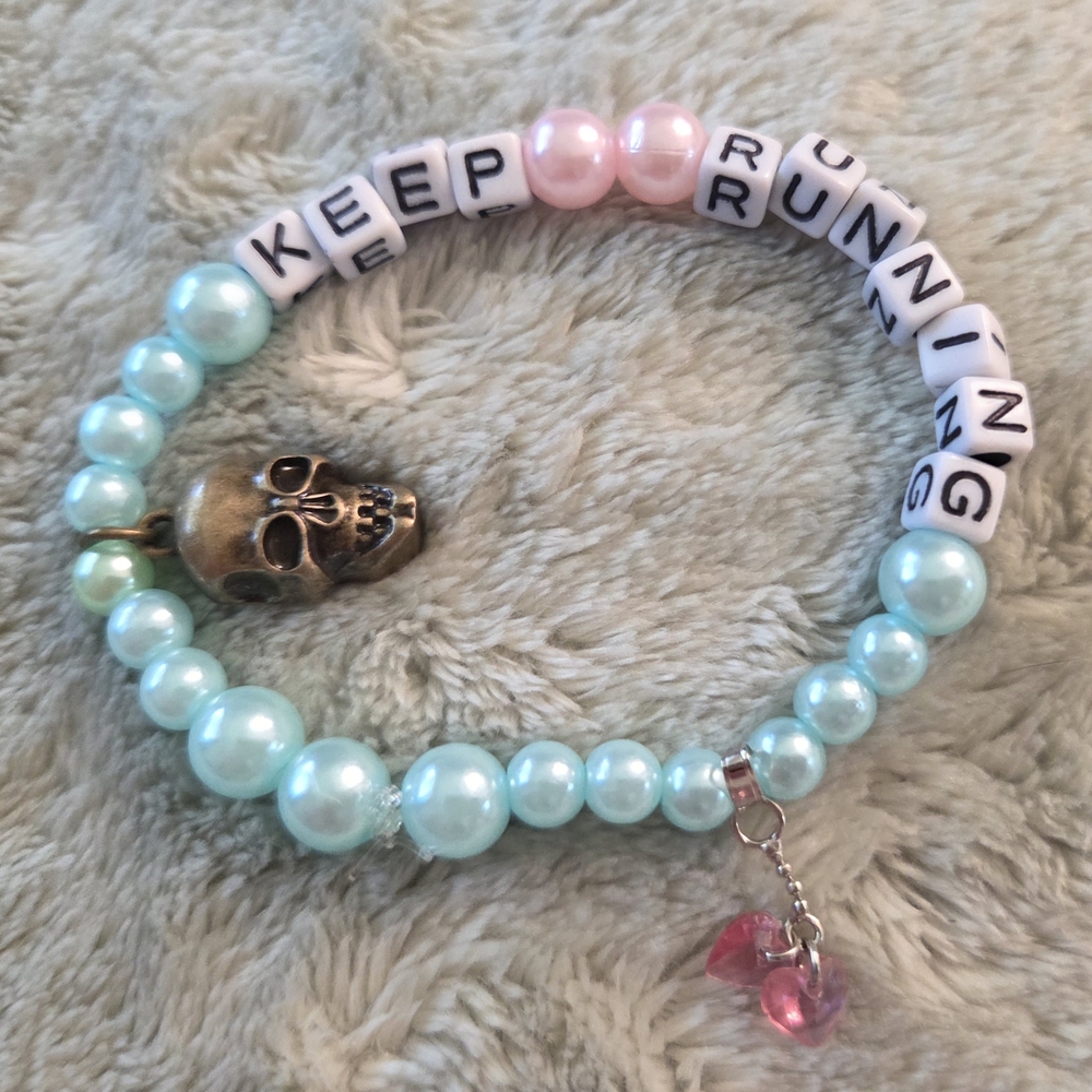Kids Beaded Bracelet with Skull Charm - Blue and Pink
